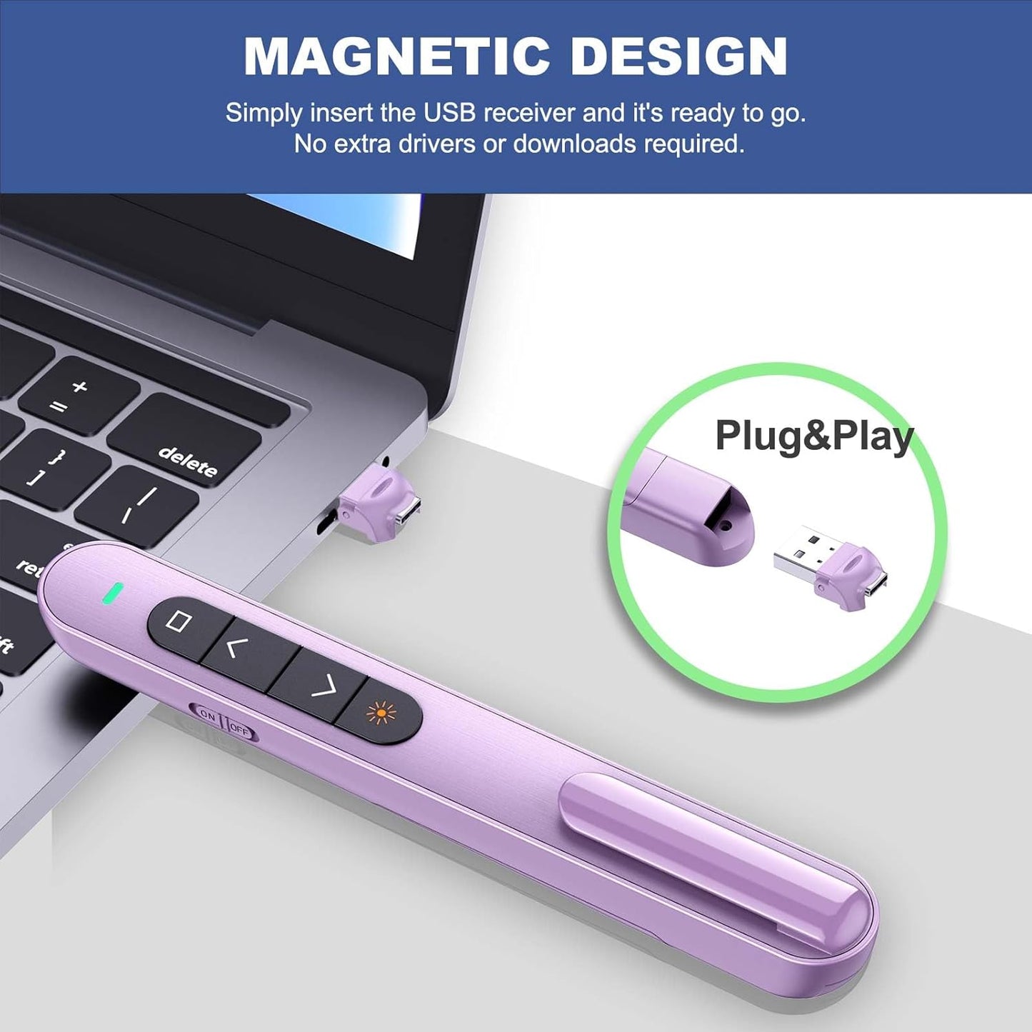 QUI Presentation Clicker for PowerPoint, RF 2.4GHz USB C Wireless Presenter Remote with Volume Control, PowerPoint Clicker Slide Advancer for Mac, Windows, Laptop, Keynote