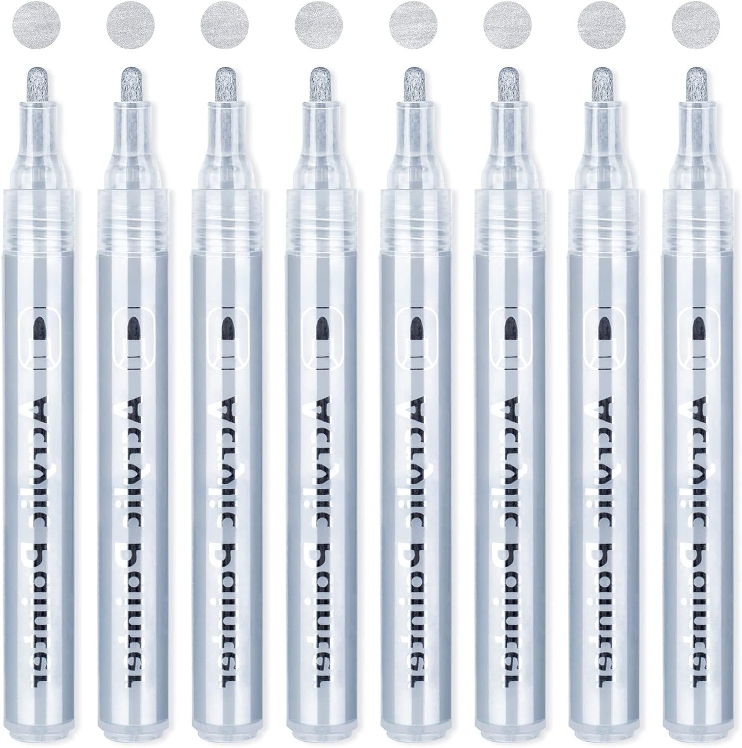 AKARUED Silver Acrylic Paint Markers, 8 Pack Acrylic Silver Paint Pen Sets for Rock Painting, Wood, Stone, Glass, Ceramic, Paper, Drawing, Art Projects, DIY Crafts, Water-Based ink, 2-3mm Medium Tip
