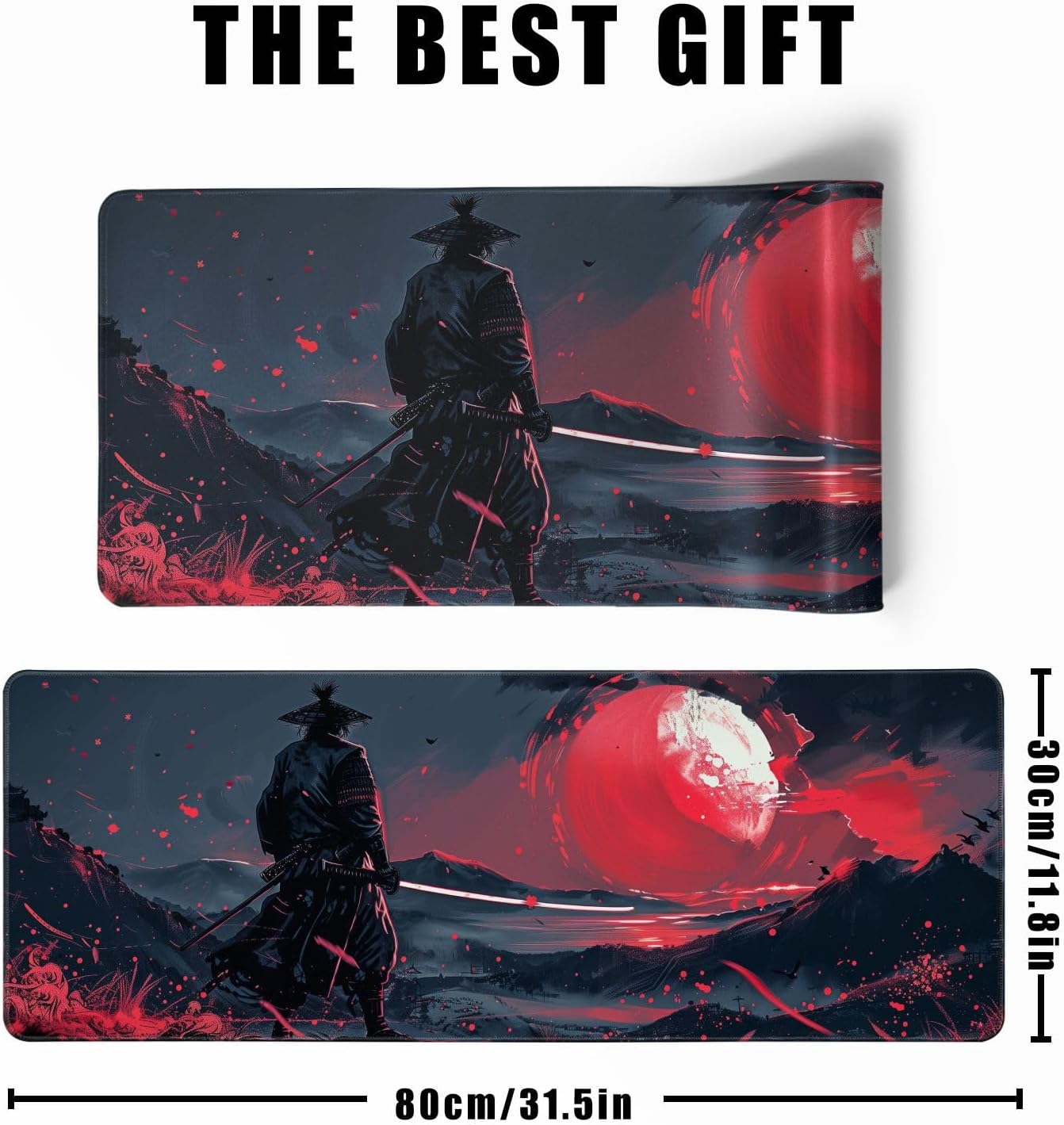 Black Desk Mat Japanese Samurai Mouse Pad XL Red Anime Big Mousepad Gaming Large Mouse Pad for Men Desk Pad with Stitched Edges Non-Slip Large Computer Mat, 31.5x11.8 in