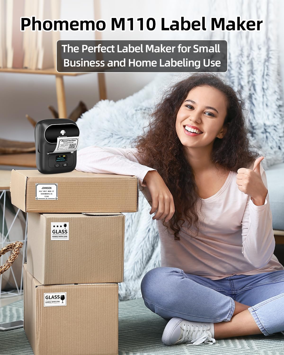 Phomemo Label Maker - M110 Address Label Printer Bluetooth Thermal Printer for Business, Office, School, Home-use, Barcode, Logo, Clothing Labels, with 3 Label Roll, Black