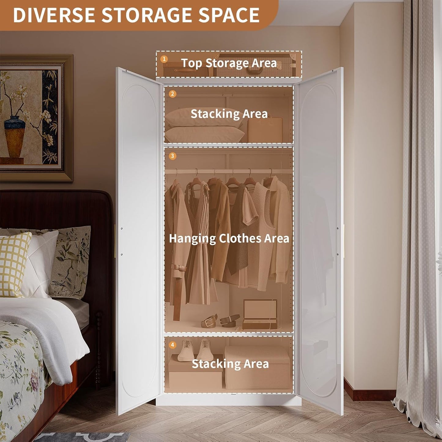 Metal Wardrobe Cabinet for Hanging Clothes, 71" Tall Armoire Wardrobe Closet with Hanging Rod, White Clothing Storage Cabinet with Doors and Shelves, Large Closet for Bedroom-Assemble Required