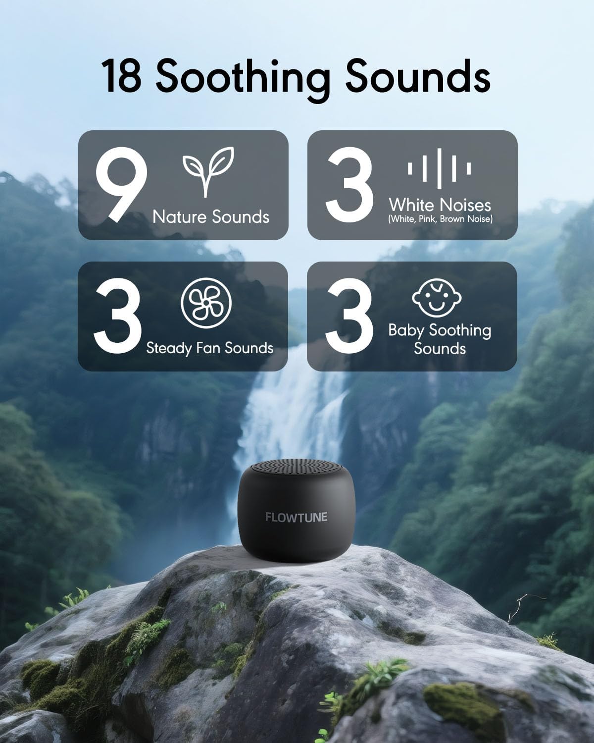 Sound Machine Flowtune White Noise Machine for Baby Adults, Mini Portable Sound Machine for Travel, 6H Timer, 18 Soothing Sleep Sounds Gift (Black)