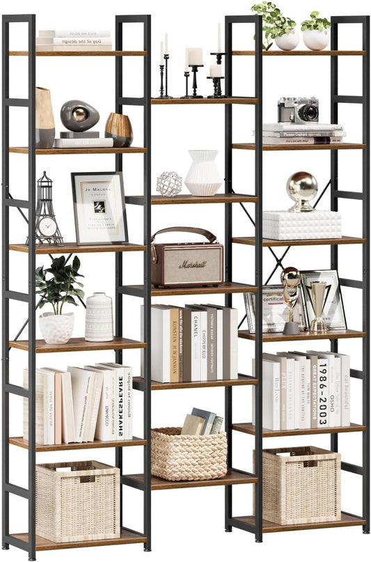 NUMENN Triple Column 6 Tier Bookshelf, Bookcase with 17 Open Display Shelves, Adjustable Rustic Industrial Style Book Shelves, Modern Bookshelves for Bedroom, Living Room and Home Office, Vintage