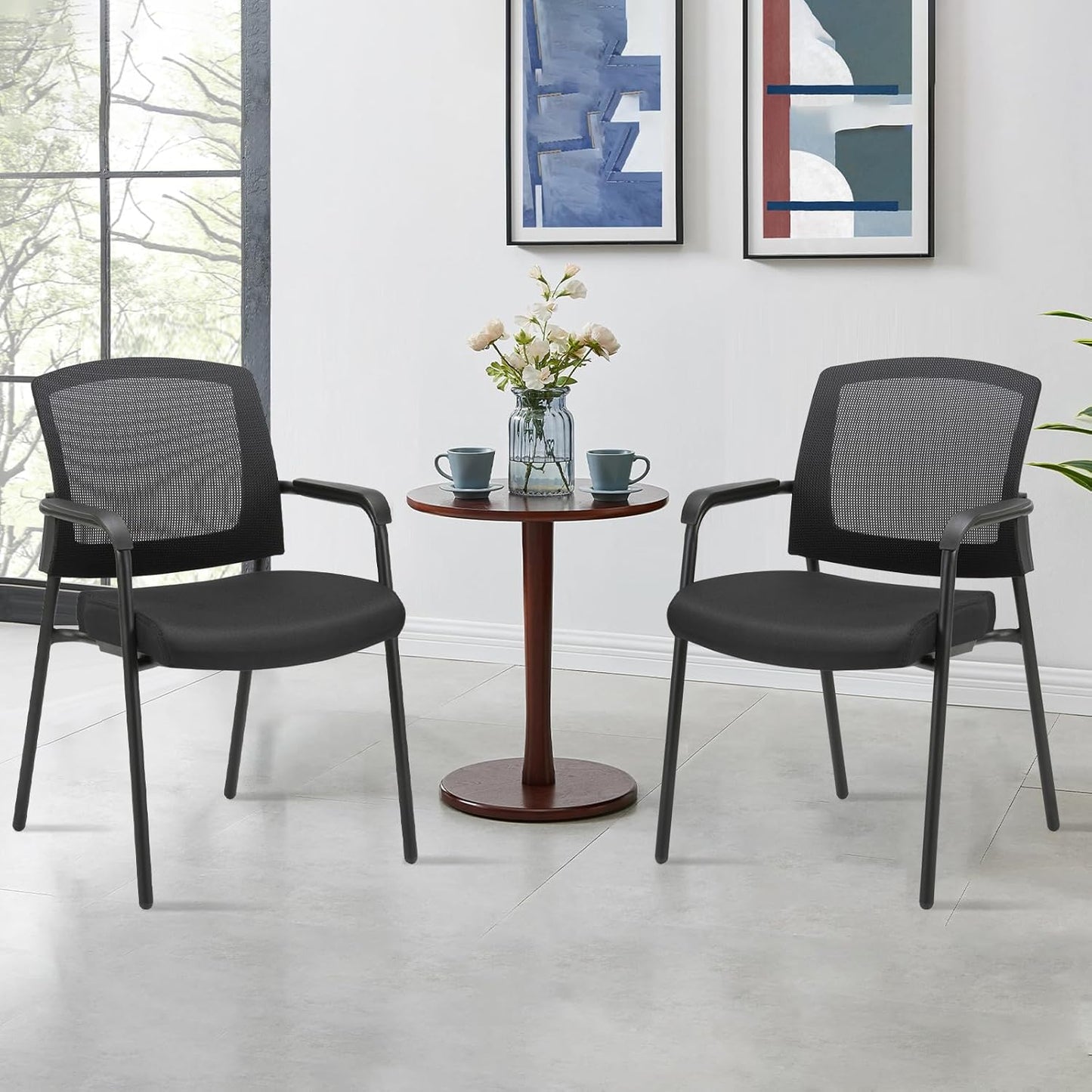 CLATINA Office Reception Guest Chair Mesh Back Stacking with Ergonomic Lumbar Support and Thickened Seat Cushion for Waiting Conference Room Black 2 Pack