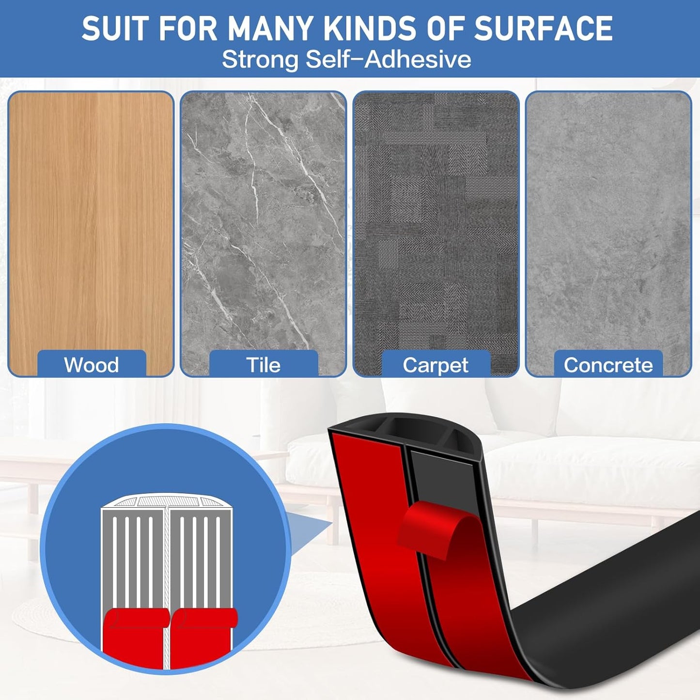 Floor Cord Cover Self Adhesive Cord Hider Floor Extension Cord Covers for Floor Power Cord Protector Cable Management Prevent Cable Trips Cable Cavity 0.51" W x 0.31" H (Black, 10Ft)