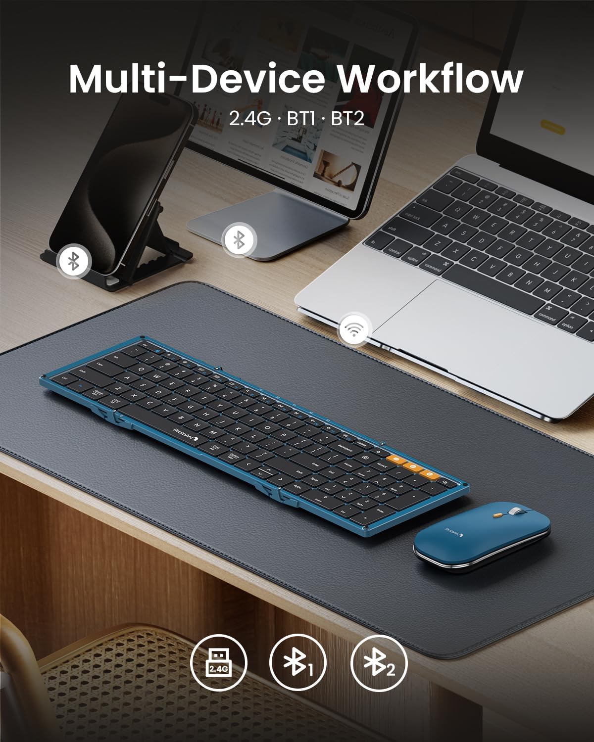 ProtoArc Foldable Keyboard and Mouse, XKM01 True Full-Size Folding Wireless Keyboard Mouse Combo for Business Travel, a Portable Office Suite On-The-Go, Compatible with Laptop iPad Tablet - Blue