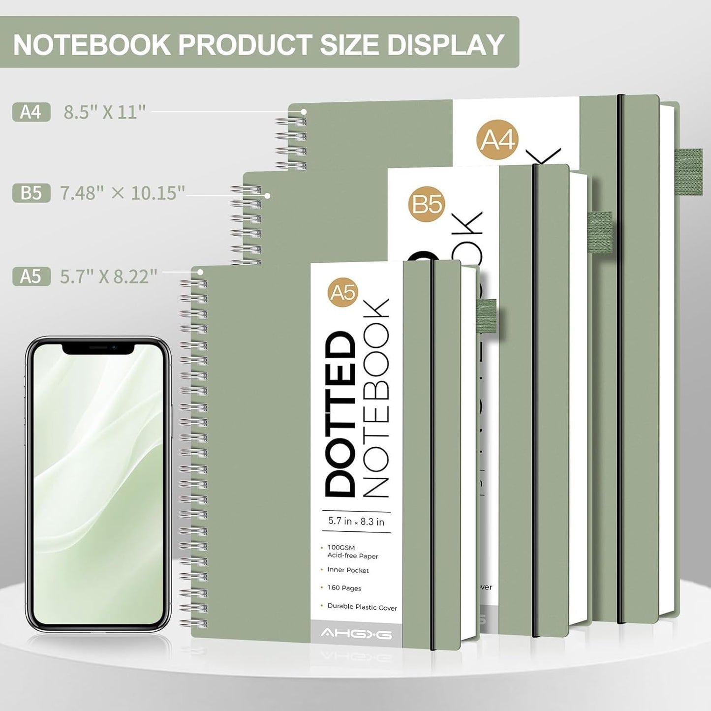 AHGXG Bullet Dotted Journal - Dot Grid Spiral Notebook A5, 160 Pages, 100 GSM Thick Paper, Waterproof Plastic Cover Journals for Bullet Journaling, Sketching, 5.7" x 8.3", Sage Green