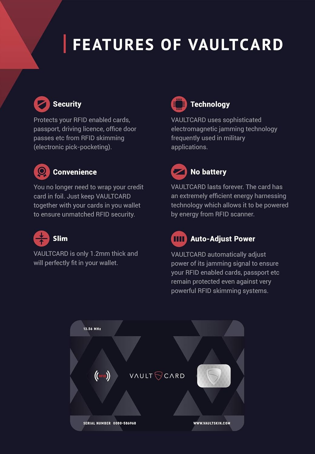 VAULTCARD - RFID Blocking & Jamming Credit & Debit Card Protection for Wallet and Passport - Superior NFC Anti-Theft, Patented Multi-Card Defense