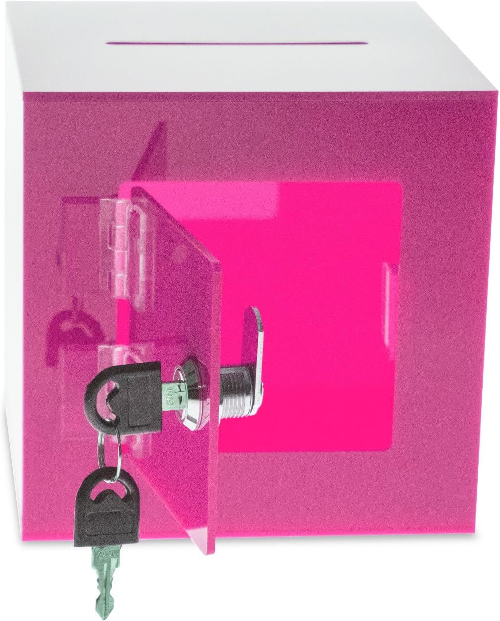 Source One Premium Acrylic Cube Donation Box with Deluxe Rear Open Door and Cam Lock Suggestion Box (10 Inch, Pink)