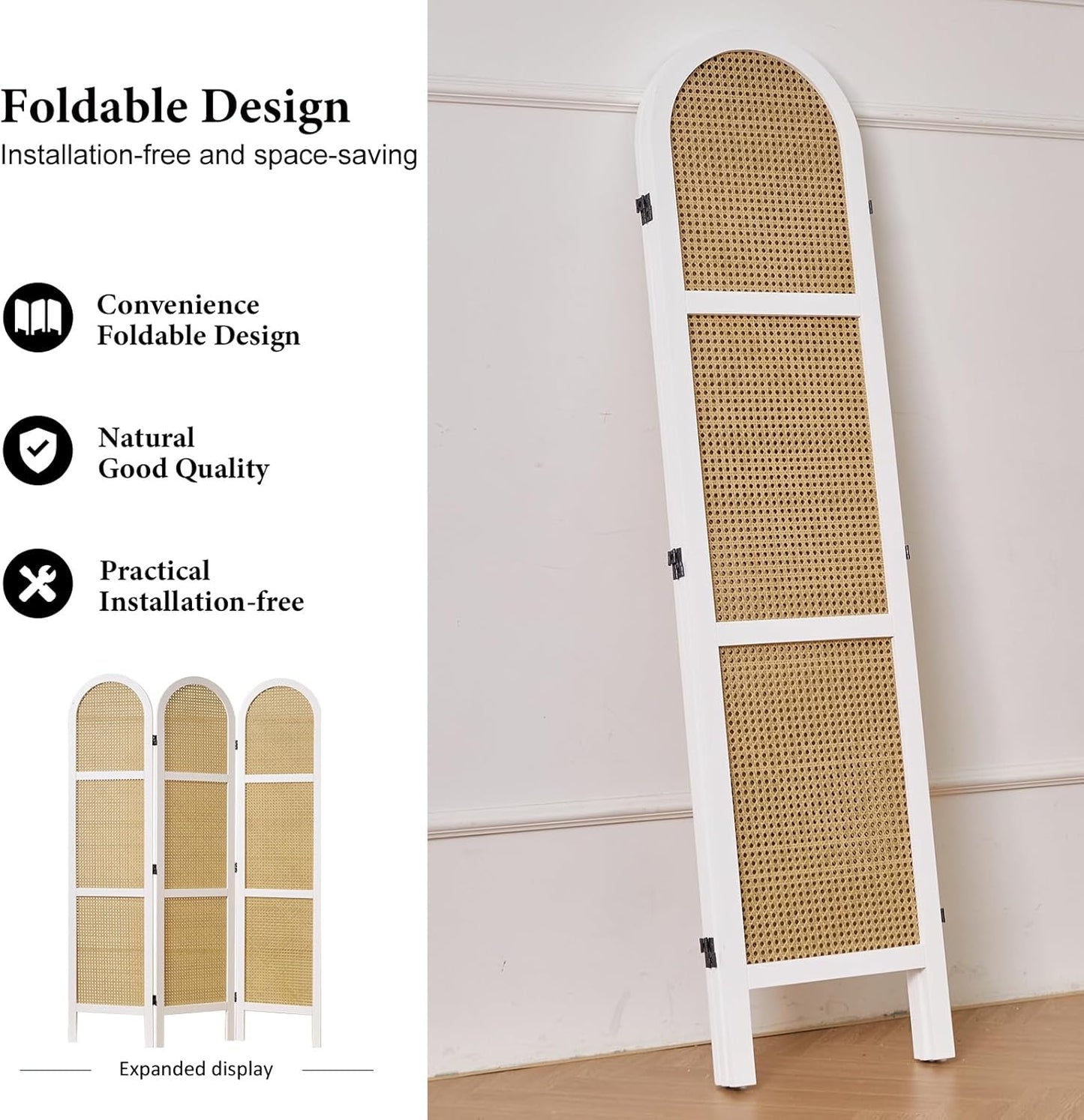 Room Dividers and Folding Privacy Screens, Pine Wood 5.6 Ft Double Hinged Rattan Partition Freestanding Wall Room Divider for Home - 3 Panels (White)