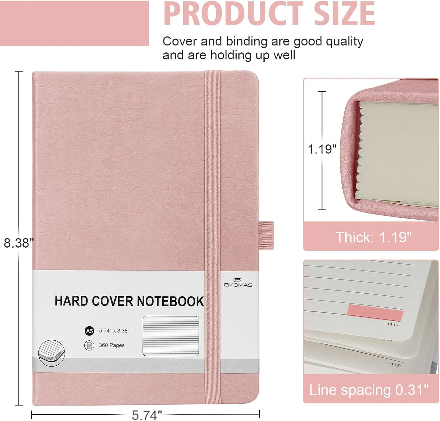 Lined Journal Notebook, 360 Numbered Pages(With page number), Thick Journal for Writing A5 College Ruled Notebook, 100gsm Lined Paper, Leather Hardcover, 5.75'' X 8.38''-Pink