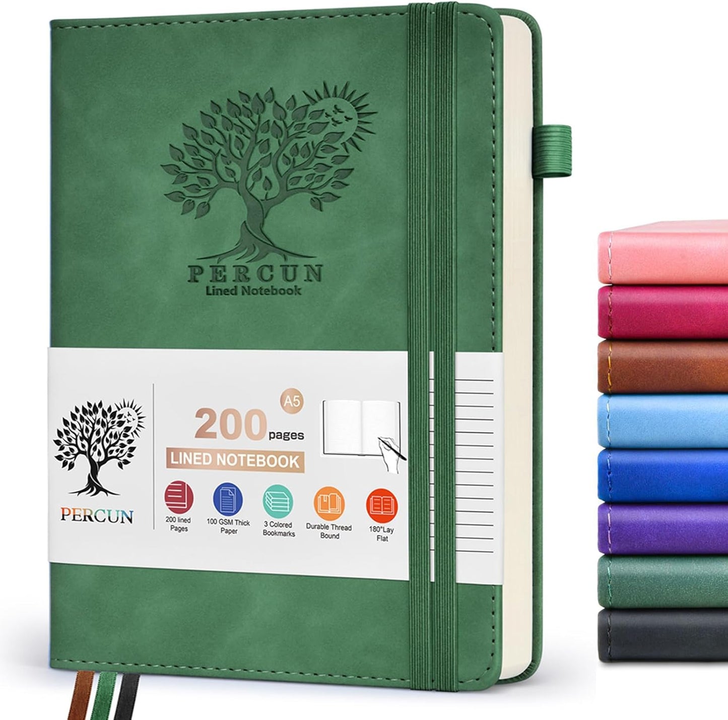 Lined Journal Notebook for Men & Women,200 Pages A5 Hardcover Leather Notebook (5.9"x8.5"), Travel Journal for Work, School, Business Writing, Note Taking, Notepad Diary (Green)
