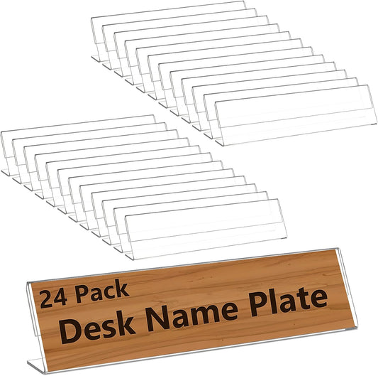 Yalikop 24 Pcs Acrylic Name Plates for Desk 2 x 8 Inches Clear Slant Back Sign Holder Stand License Label Holder for Back to School Classroom Office Conference Business Meeting Table Display