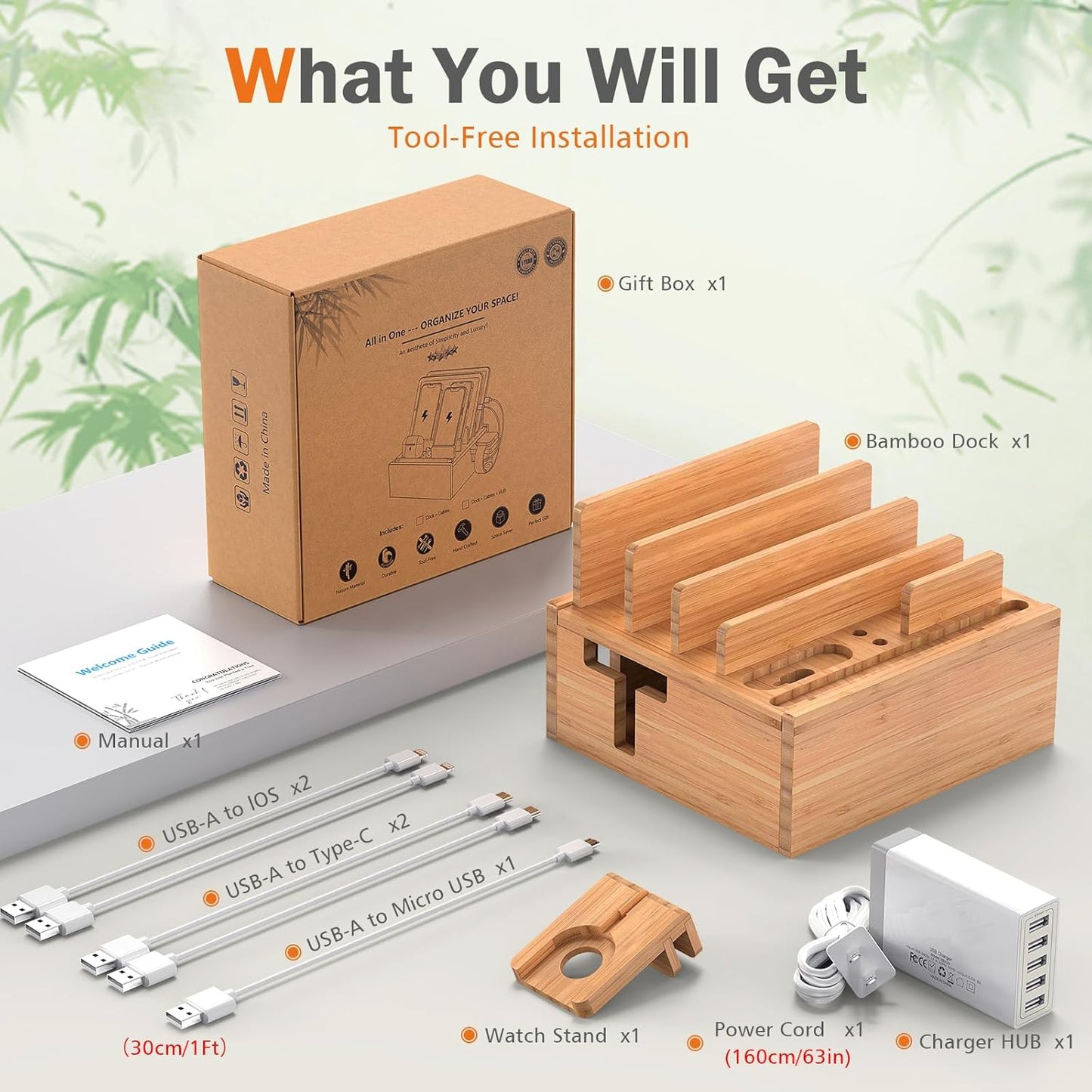 Pezin & Hulin Desktop USB Charging Station with Bamboo Charging Station, Desktop Charger Block, Compatible with Tablet, Cell Phone, Earbuds, Smartwatch