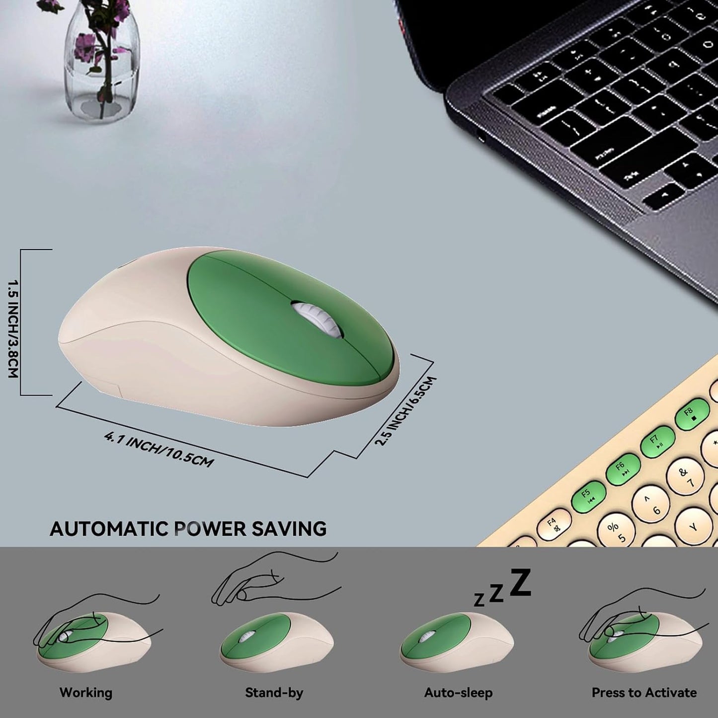 FD Wireless Keyboards and Mouse Combo - 2.4GHz USB Cordless, Cute Wireless Keyboard Round Keys, Quiet and Slim Set for Laptop, Computer, TV and Mac - Milky White Green Colorful