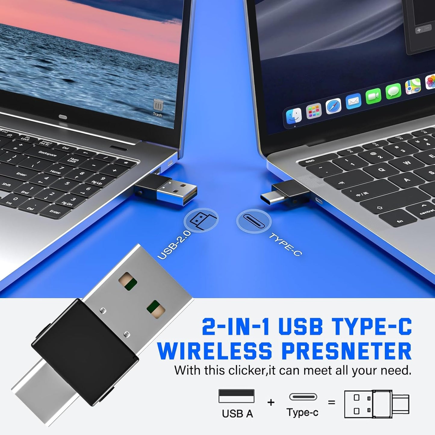 2-in-1 USB Type-C Presentation Clicker, Clikcer for Powerpoint Presentations, Presentation Clicker Wireless Presenter Remote Clicker with Volume Control, Presentation Remote Google Slide Advancer