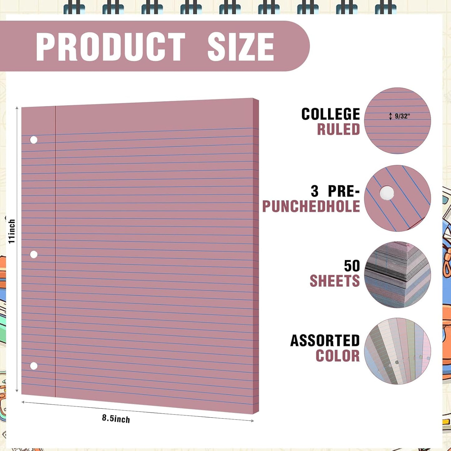 PerKoop 600 Sheets Colored Loose Leaf Paper 8.5" x 11" college ruled Lined 3 Hole Punched notebook Filler Paper for 3 Ring Binders Office School Supplies (Sweet Color)