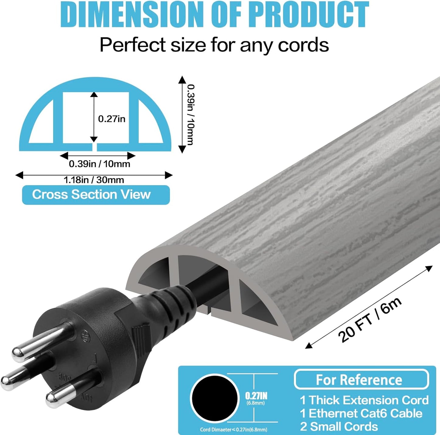 Floor Cord Cover Self Adhesive Cord Hider,20FT Cable Management, Extension Strip Protector for Wires, Prevent Cable Trips for Offices, Gyms, Exhibitions Cavity:0.39"(W) x 0.27"(H) Gray Wood
