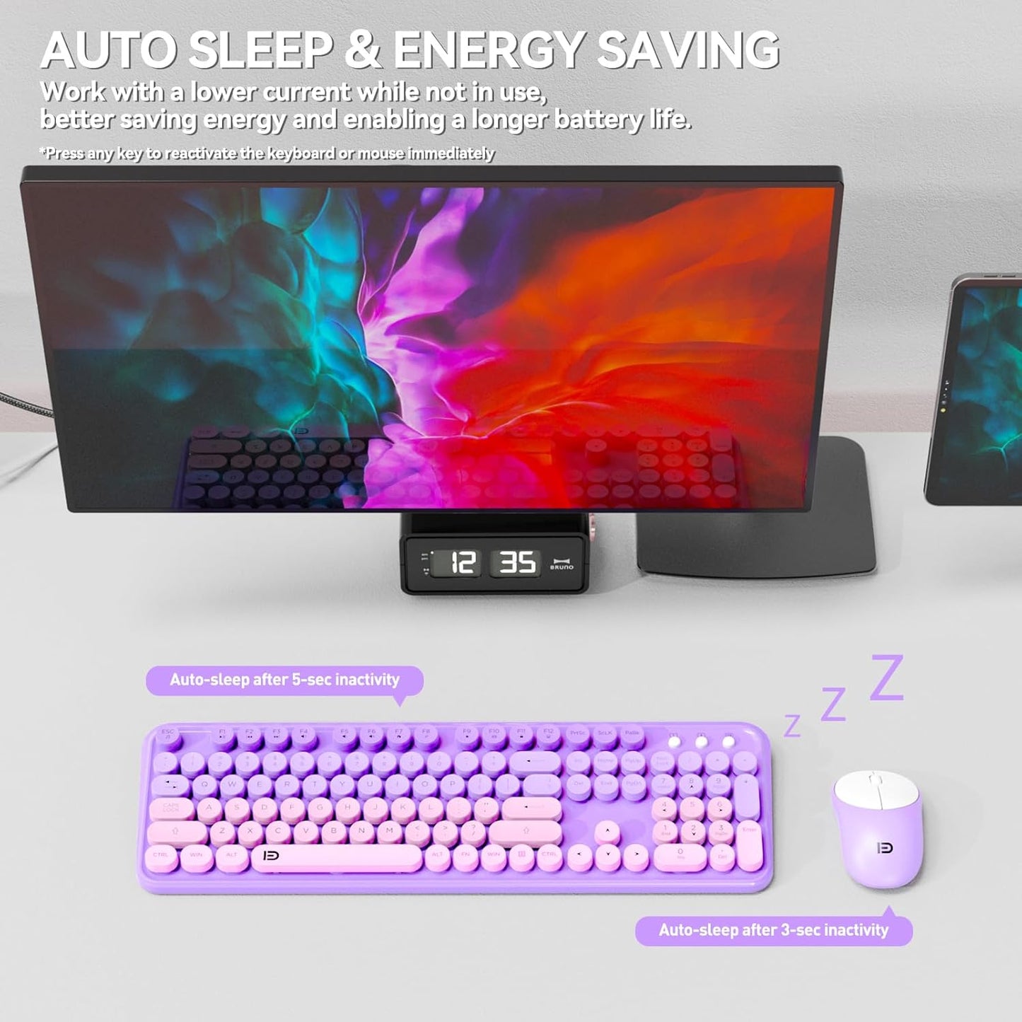 FD Wireless Keyboard and Mouse Combo - 2.4G Full-Sized Cute Colorful Mouse and Keyboard with 104 Round Keys Retro Typewriter Keyboards for Laptop/Windows/PC - Purple Gradient