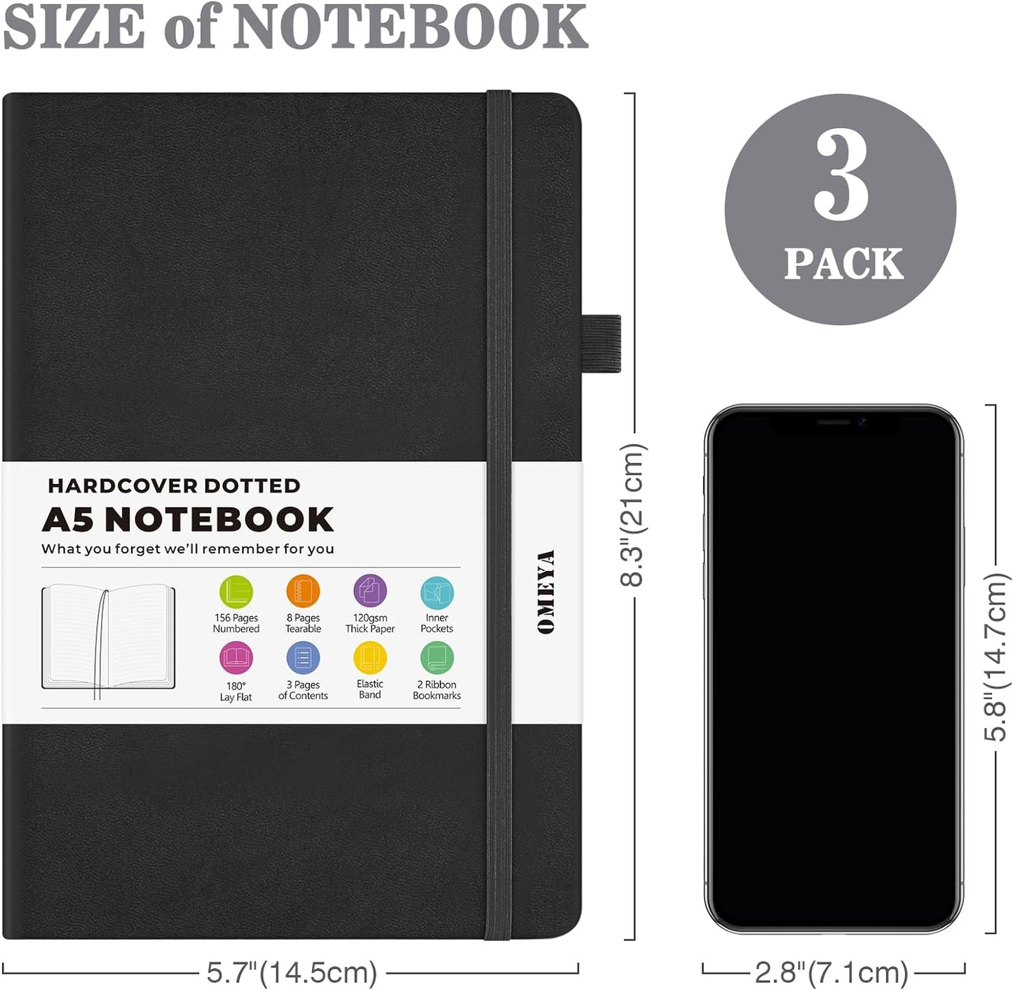 OMEYA Dotted Journal Notebook 3 Pack, A5 Hardcover Notebook with 120gsm Thick Dotted Paper, Leather Journals for Women, Men, Dot Grid Notebook Journal for Writing, Notebooks for Work, 5.75" × 8.38"