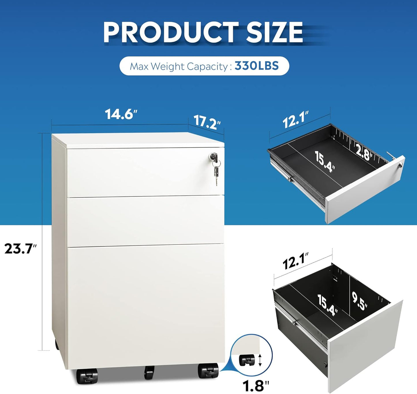 DEVAISE 3 Drawer Rolling File Cabinet, Locking Filing Cabinet for Home Office, Fully Assembled Under Desk Cabinet, White