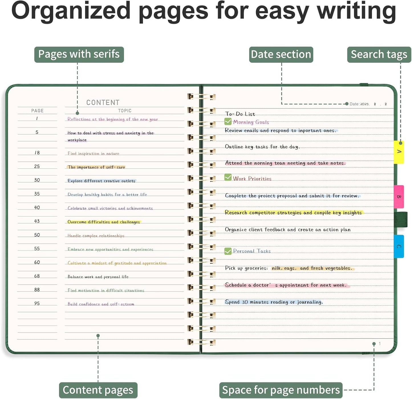 AHGXG Lined Spiral Journal Notebook, B5 Large Notebooks for Women Men, 140 Pages Hardcover Leather Notebook College Ruled, 100 GSM Paper, Notebooks for Work School Note Taking, 7.6" x 10", Green