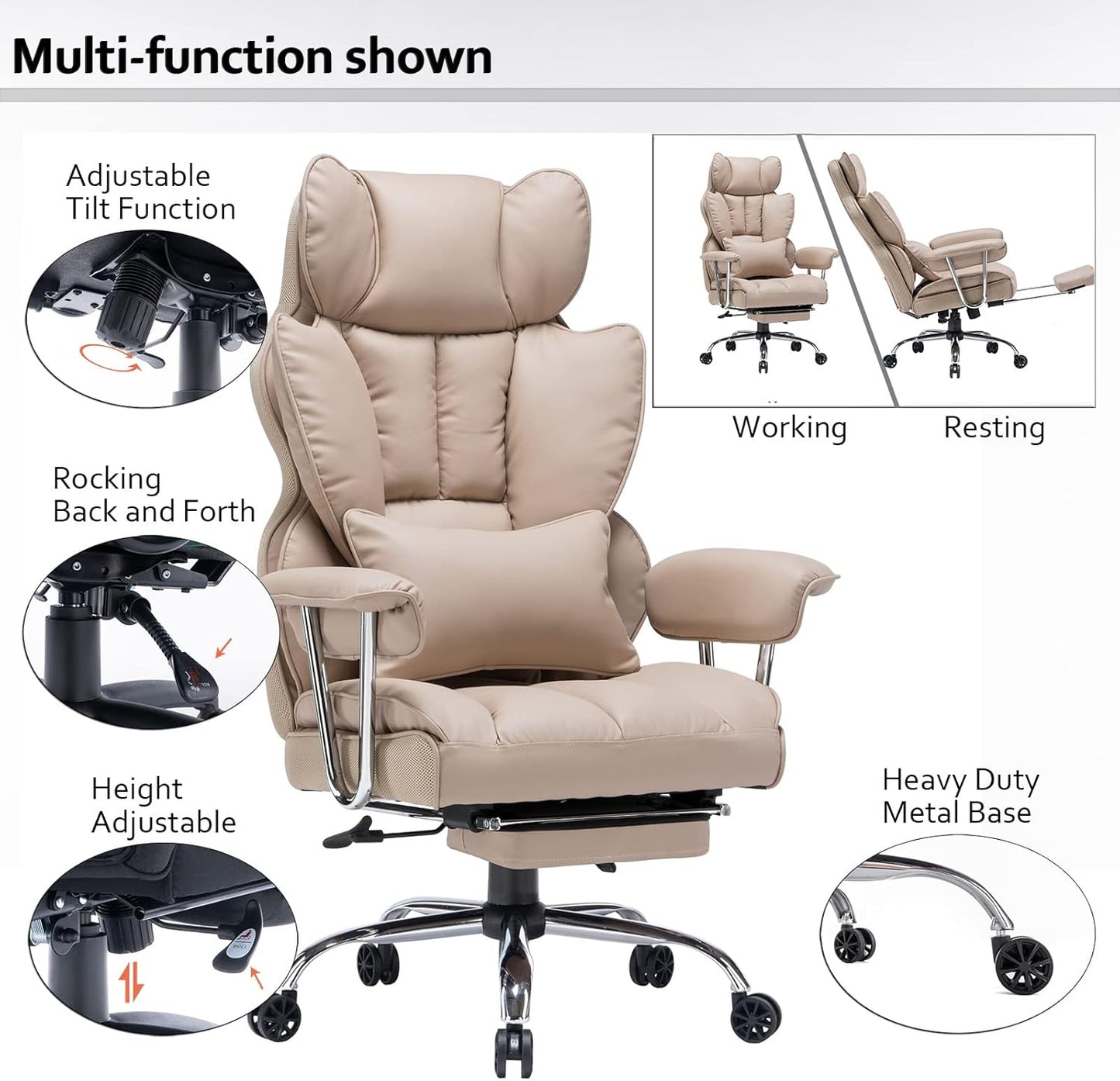 Efomao Big and Tall Office Chair 400lbs – PU Leather Executive Office Chair with Lumbar Support & Leg Rest, Heavy-Duty Computer Chair for Home Office, Dark Beige