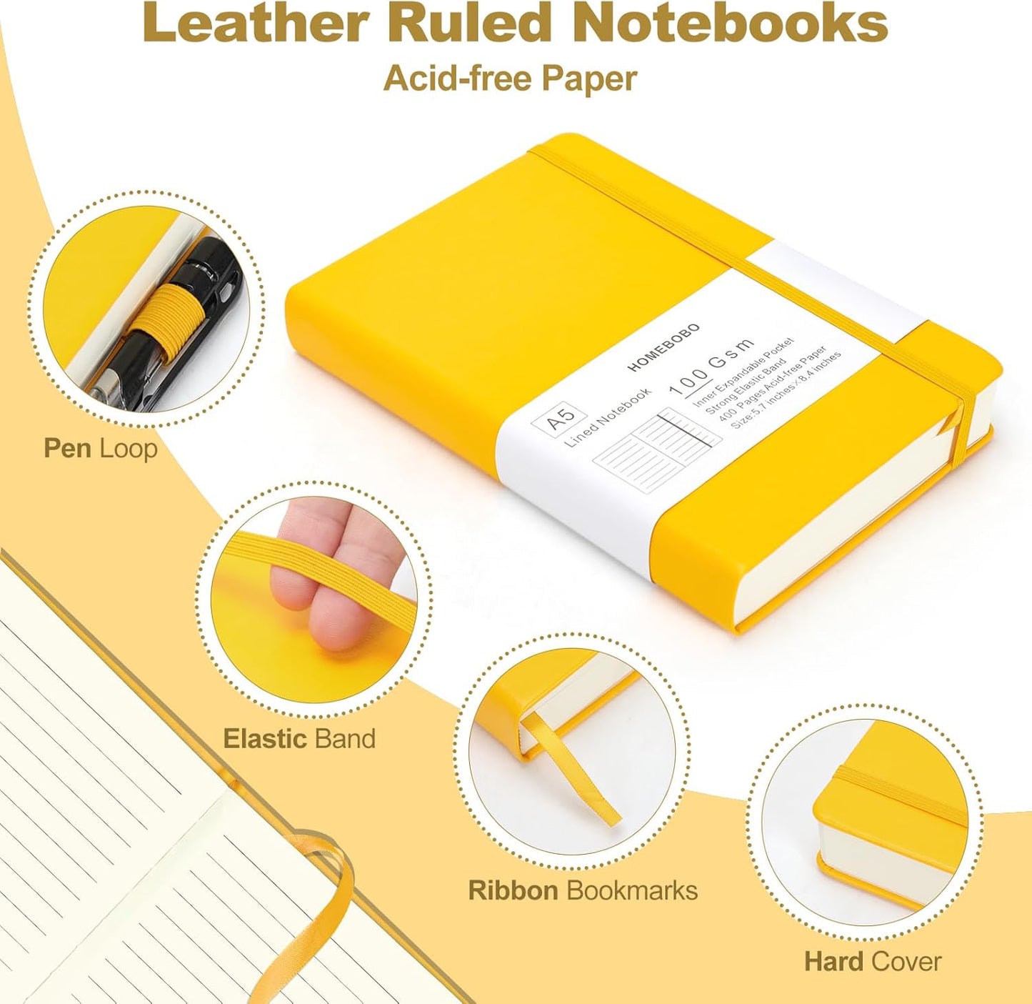 Journals for Writing, A5 Leather Ruled Notebook with 400 Pages, 100 Gms College Ruled Journal with Thick Paper, Hardcover with Inner Pocket & Pen Holder, Dark Green