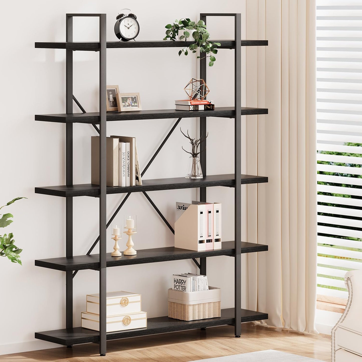 HSH 5 Tier Tall Black Bookshelf, Wood and Metal Storage Book Rack, Industrial Modern Etagere 5 Shelf Bookcase, Large Wide Open Display Book Shelf for Bedroom Living Room Office, Bookshelves Heavy Duty