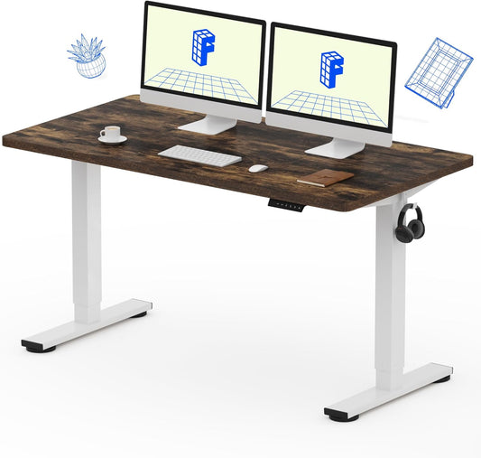 FLEXISPOT EN1 One-Piece Standing Desk, 55 x 28 Electric Height Adjustable Sit Stand Desk for Home Office (White Frame + 55" Rustic Top, 2 Packages)