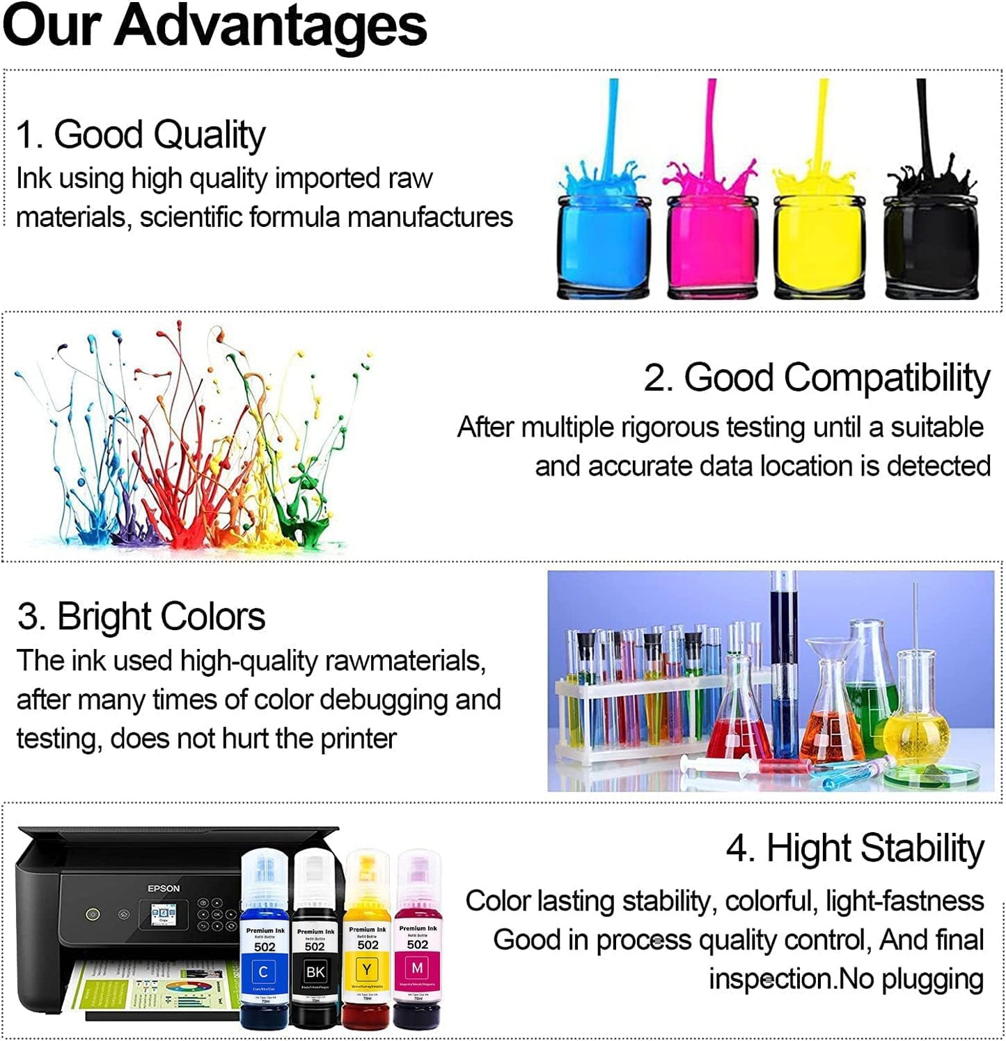 Printers Jack Compatiable T522 Refill Ink Bottle Kit for Supertank ET-2800 ET-4700 ET-4800 ET-2710 ET-2720, ET-2803 Printer, 4 Packs