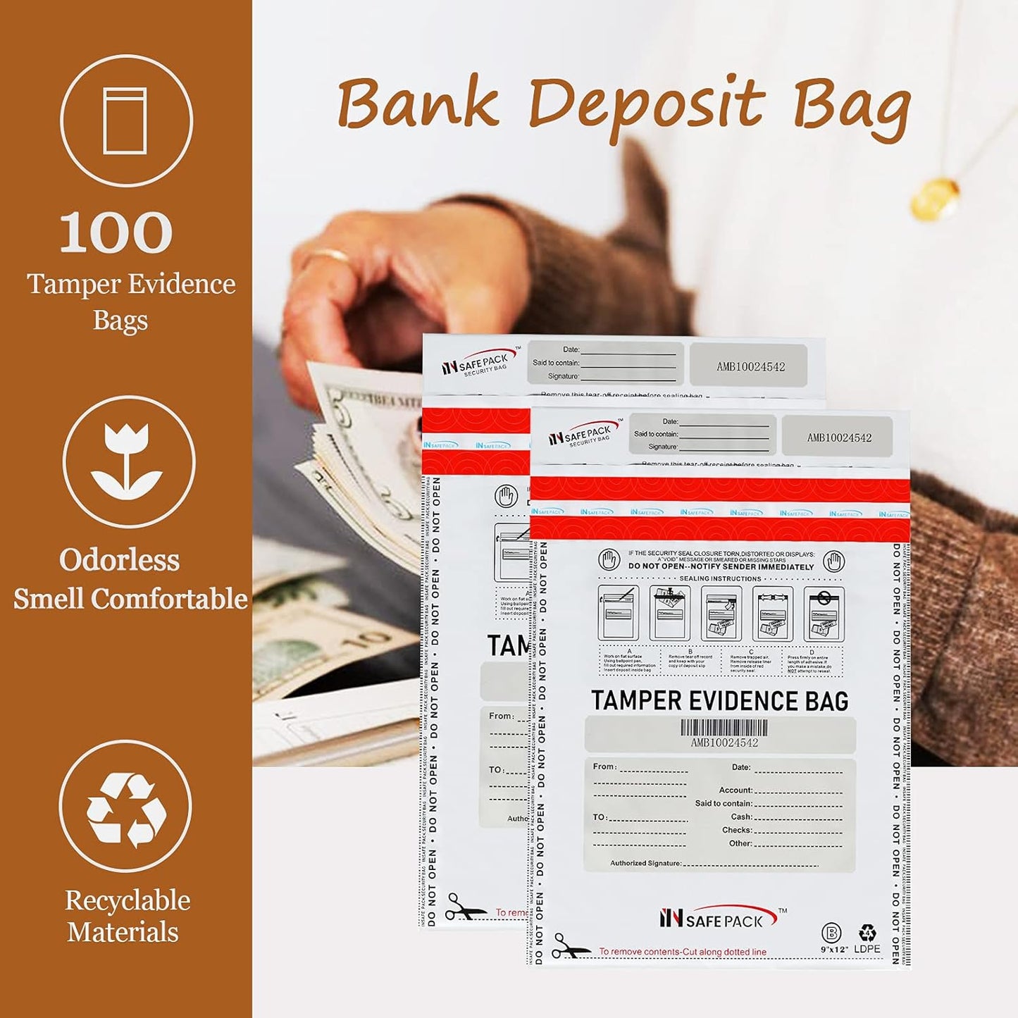 INSAFEPACK 100PCS 12"x16" Bank Deposit Bags - 100% Recyclable Tamper Evident Bags - Self Adhesion Security Bank Pocket