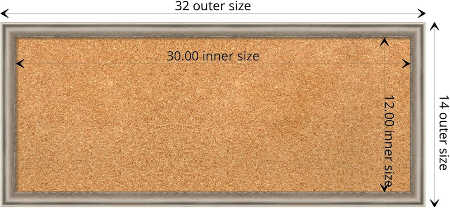 Amanti Art Natural Cork Board for Wall, 14x32 Vision Board with Silver Wood Frame, Medium Corkboard Office Decor for Home Organization, Casual Corkboard Pinboard to display items for home organization