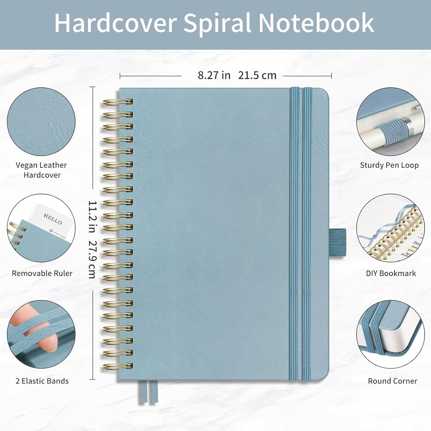 EMSHOI Spiral Graph Paper Notebook - 300 Pages, 100 GSM Thick Grid Notebook, A4 Large Hardcover Leather Journal for Women Men Work School Writing Engineering Graphing, 8.27" x 11.2", Gray Blue