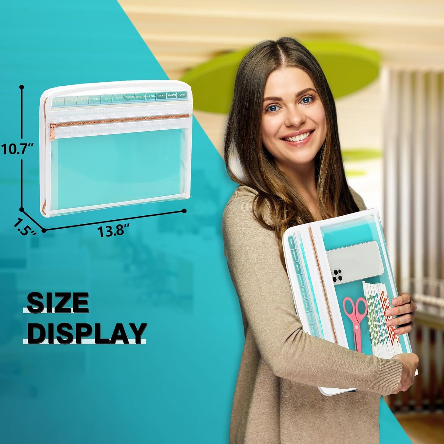 H4D 13 Pocket Expanding File Folder Organizer with Front Clear Pounch, Accordion File Organizer with Zipper Clourse, Fit for Letter Size Papers, Teal