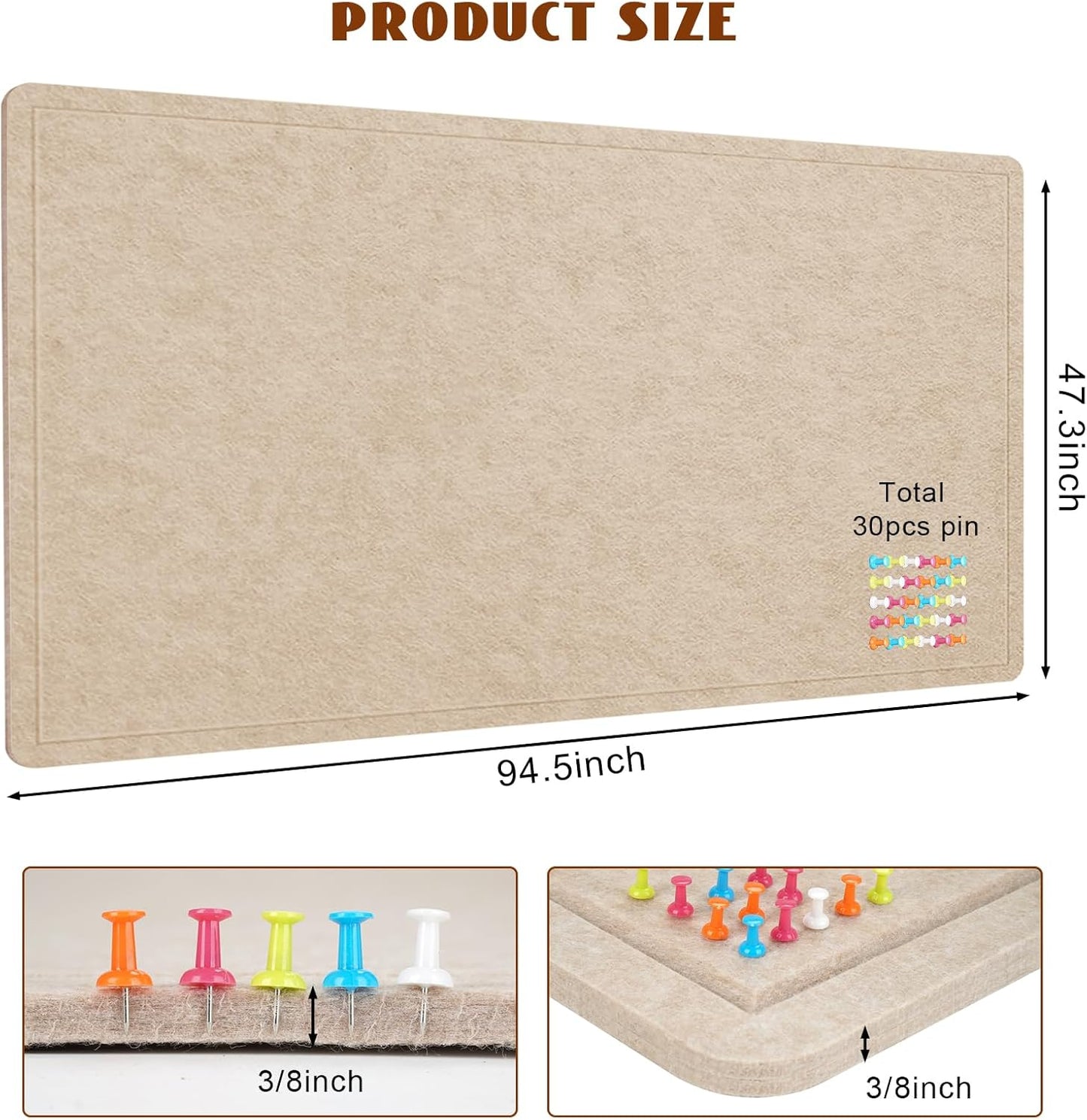 Extra Large Bulletin Board, 96 X 48 inches Cork Board with 30 Pushpin, 8' x 4' Felt Cork Board Notice Pin Board, Self-Adhesive Vision Board Mood Board Foldable Photo Board for Wall - Beige Brown