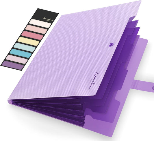 Sooez Expanding File Folder, Letter Size Accordion File Organizer, 5 Pocket Folders for Documents, Cute Folder with Labels, Portable Paper Organizer for School Office Supplies, A4 Size, Purple