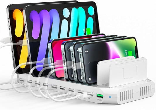 Alxum USB Fast Charging Station with Quick Charge 3.0, 60W 10 Port Charging Stand for Multiple Devices, Compatible with iPad, iPhone, Samsung Galaxy, White