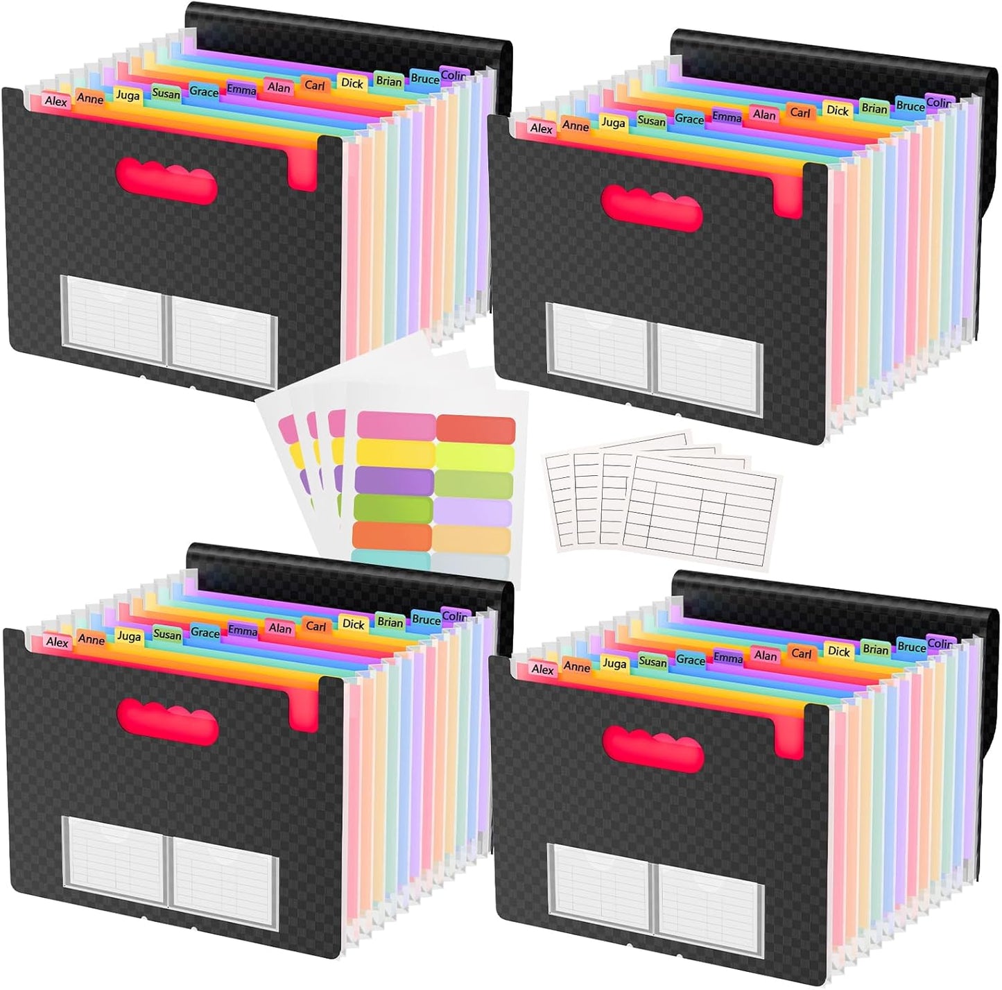 4 Pack Waterproof Accordion File Organizer, 13 Pockets Expanding File Folder with Colored Blank Tabs, Suitable for Students and Office Workers to Manage and Store Documents（Black）