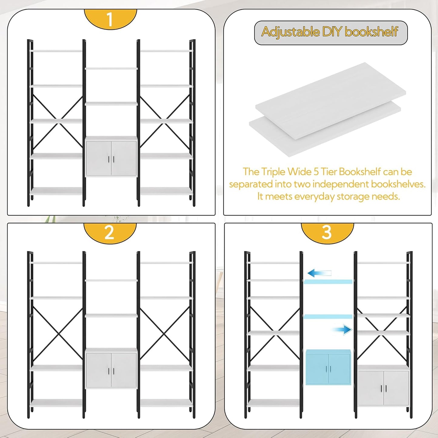 Yusong Bookshelf Triple Wide 5 Tier Bookcases with Storage Cabinet, Industrial Large Modern Tall Bookshelves with 12 Open Display Shelves for Living Room Office Bedroom, White and Black