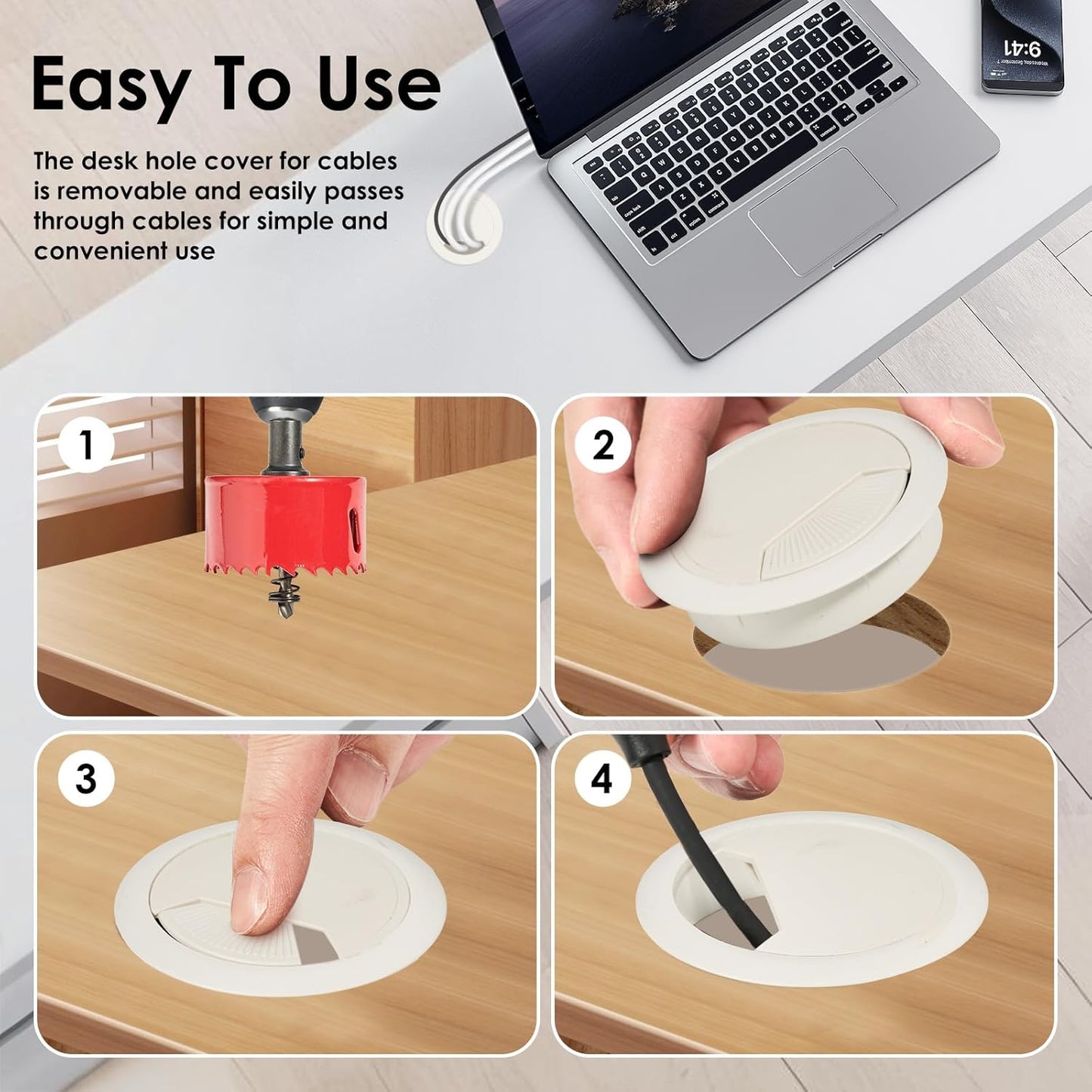 Desk Grommet 2 Inch (50 mm) 12 Pieces, Desk Hole Cover for Cables, Desk Wire Hole Insert, 2" Desk Hole Grommet, Cable Grommet, Desk Cord Hole Cover, Desk Cable Hole Cover with Hole Saw - White