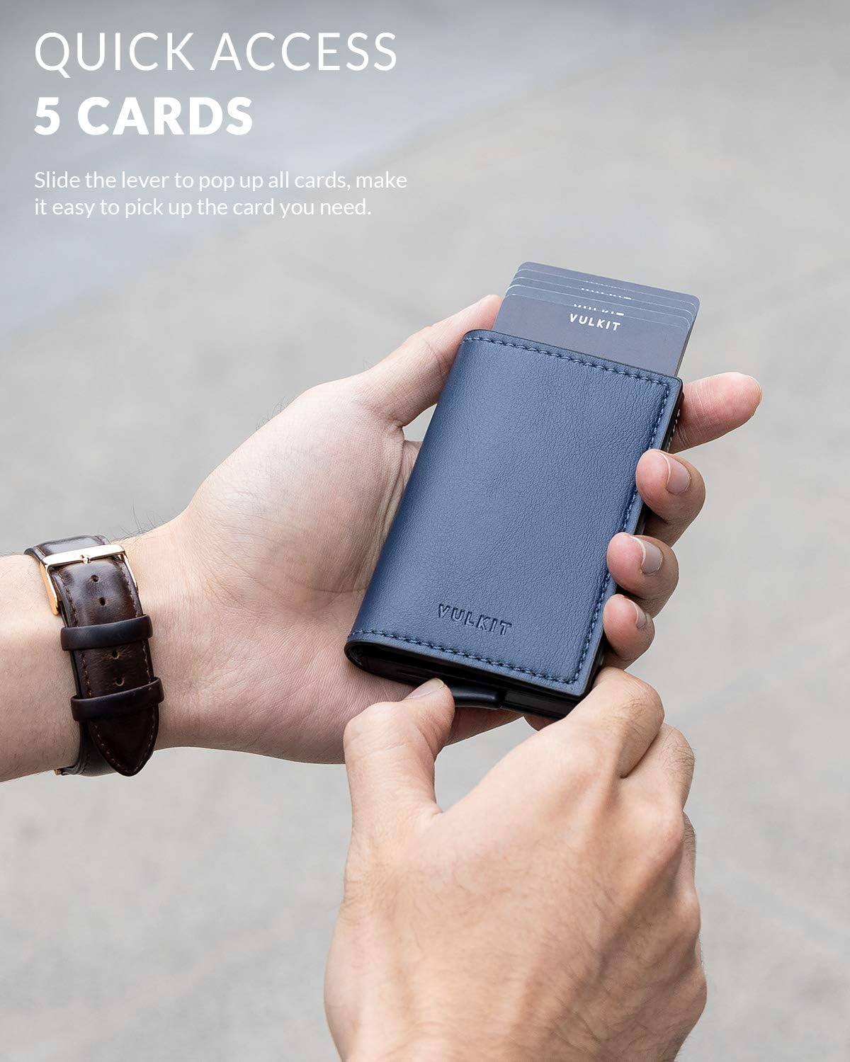 VULKIT Credit Card Holder RFID Blocking Leather Automatic Pop Up Wallet Aluminum Slim Pocket Business Card Case