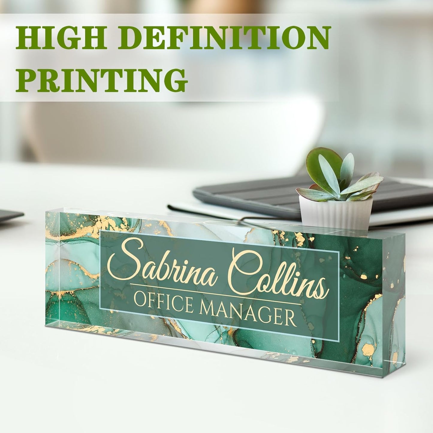 Name Plate for Desk, Desk Name Plate Personalized, Office Decor for Women Men, Acrylic Desktop Accessories, Office Gifts for Boss Nurse Teacher Coworker, Employee Appreciation Gift (Green Coast B)