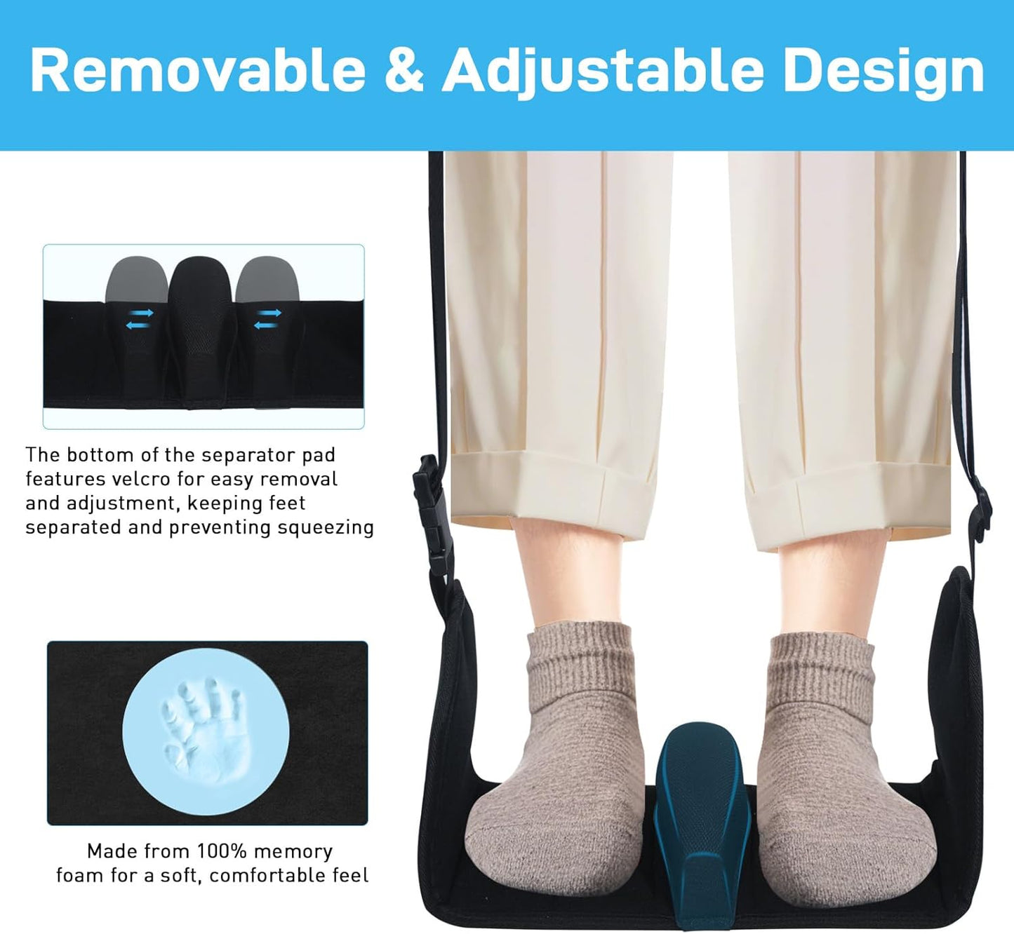 Airplane Foot Hammock, Foot Hammock for Travel Accessories with Ergonomic Removable Foot Divider Design, Airplane Foot Rest, Premium Comfortable Memory Foam & Hardboard for No Feet Clashing(Large)