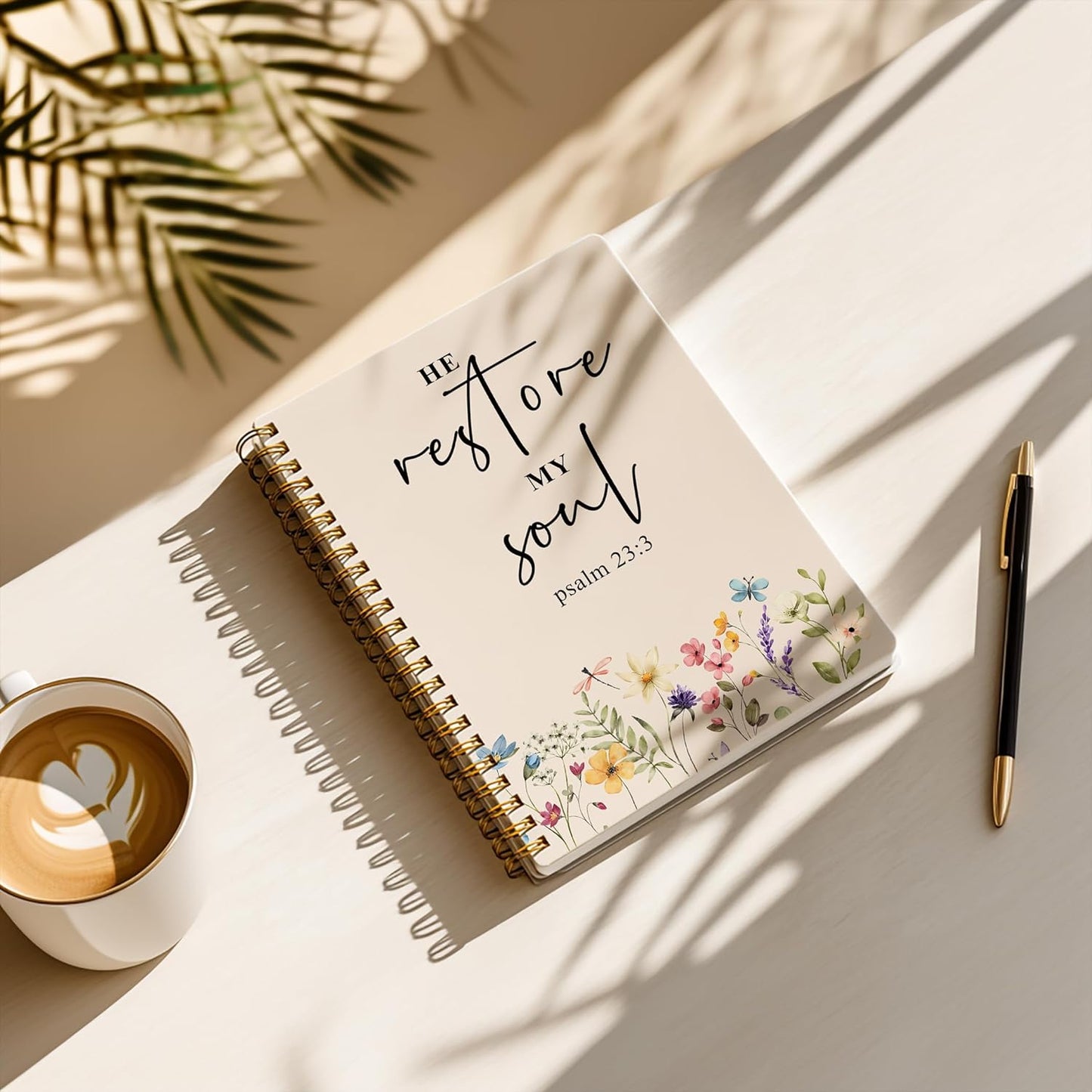 Bible Notebook, A5 Spiral Christian Journal with Floral Pink Butterfly Notebook, Bible Verse-He Restores My Soul, Inspirational Notebooks for Women, Bible Study, Gift for Birthday Christmas