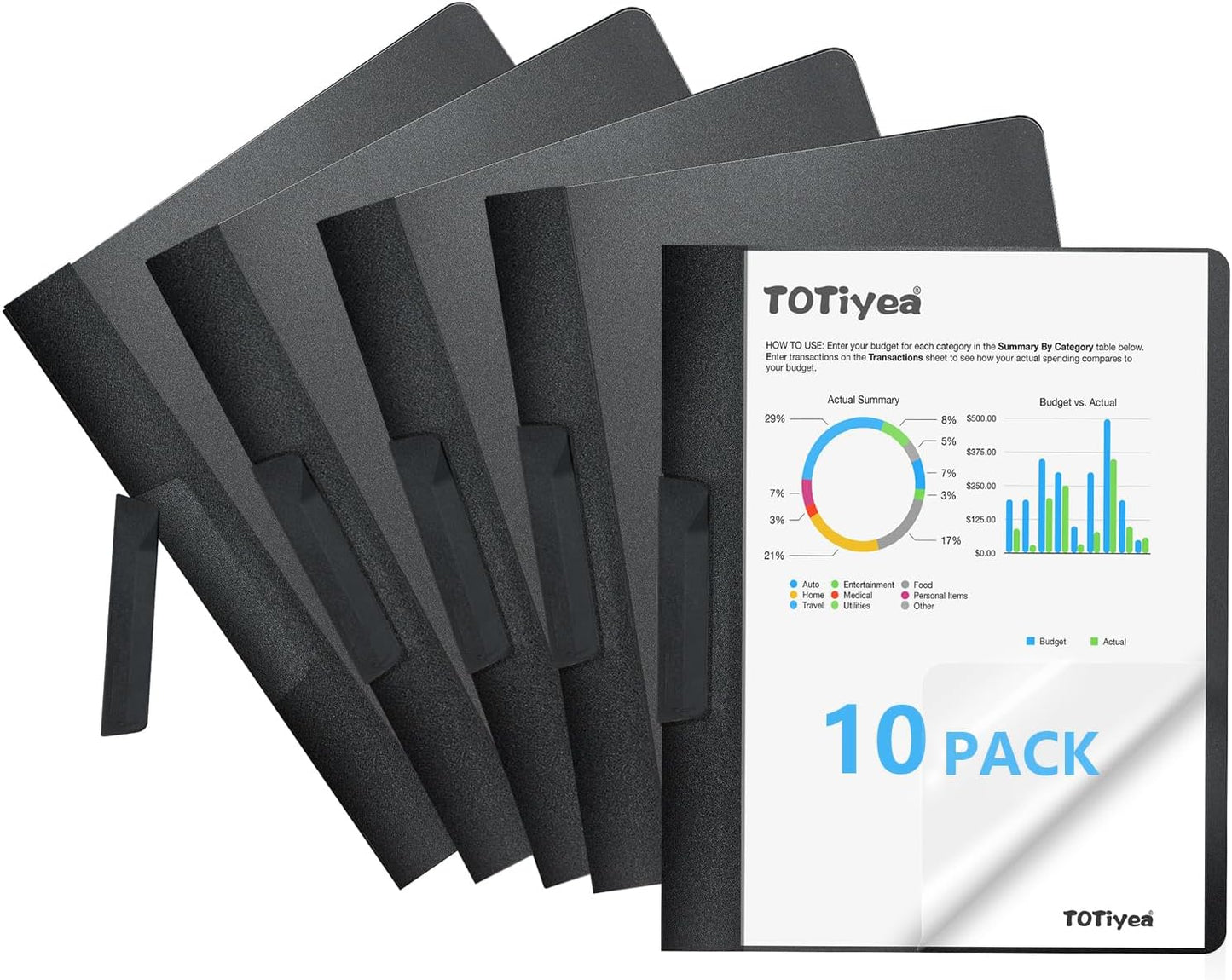 TOTiyea 10 Pack Clear Report Covers with Swing Clip, File Folder with Swing Clip, 30 Sheets Capacity, Slide Locking Report Covers, Letter Size (Black, 10 Pack)