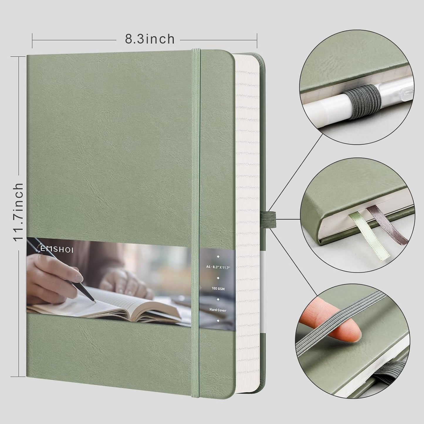 EMSHOI Lined Journal College Ruled Notebook – 8.5"x11" Hardcover Leather Journal for Women Men Office Work, 192 Pages 100 GSM Thick Paper, A4 Writing Notebook with Sticky Notes, Green