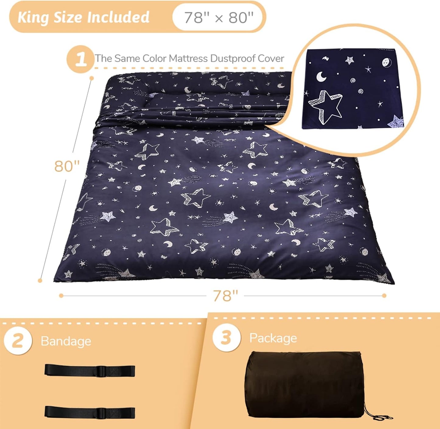 MAXYOYO Japanese Futon Mattress Floor Mattress Sleeping Pad Foldable Bed Roll Up Camping Cushion Floor Lounger Bed Couches and Sofas Couch Topper, Moon and Star, King Size