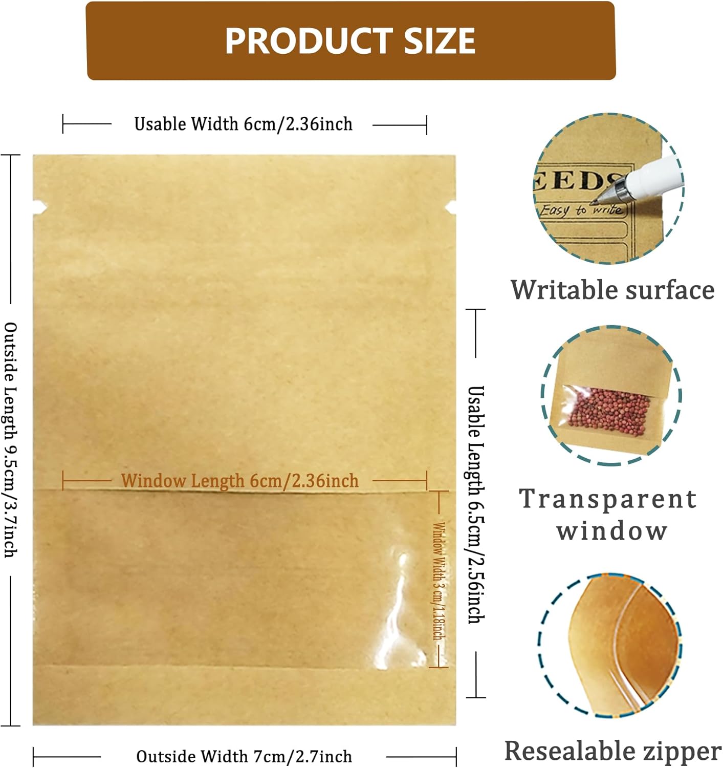 500 Pack Clear Window Small Resealable Seeds Packets Coin Envelopes 2.75x3.74 inch Brown Kraft Paper Sample Bag with Preprinted Seed Collecting Template for Seed Storage Organizer