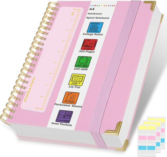 HAUTOCO Spiral Notebook 8.5"x 11", College Ruled Leather Notebook Journal with 320 Pages, A4 Pink Hardcover Notebook, 100 GSM Paper, Lined Paper Journaling Notebooks for Women Work School Office